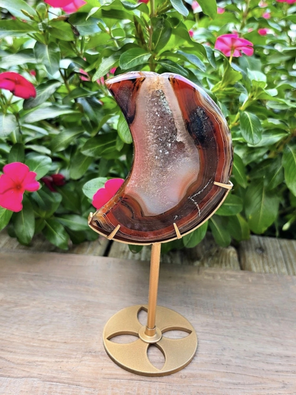 Sardonyx Crystal Crescent Moon On Stand